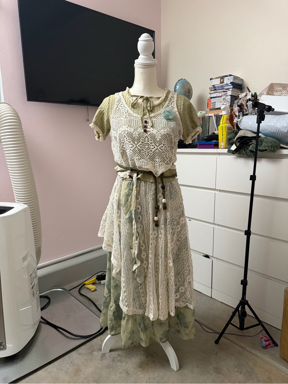 Green Boho Lace Layered Dress with Crochet Overlay